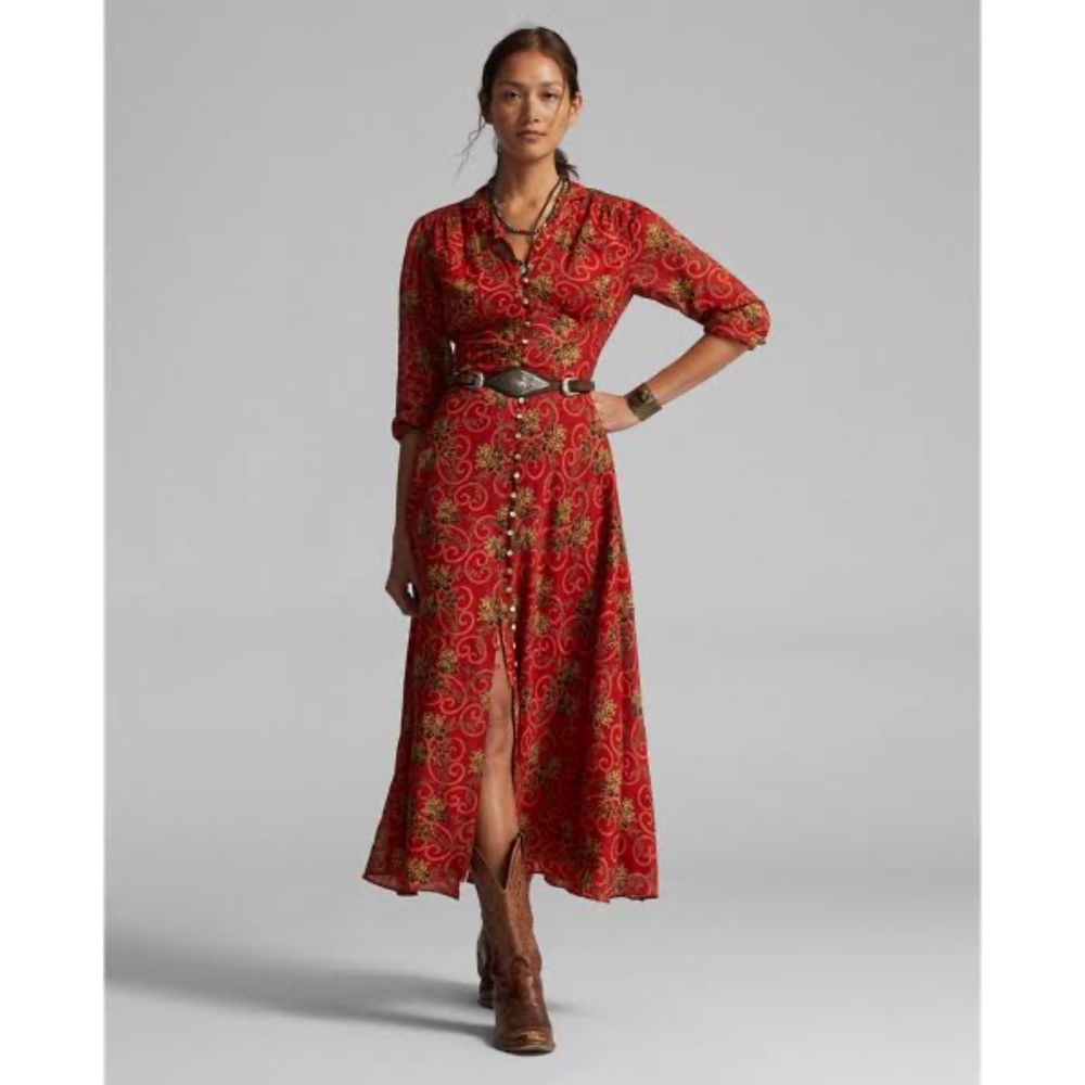 RRL Ralph Ralph Lauren Red Bias-Cut Floral Cotton Dress Size 1 XS Small